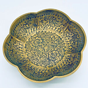 Brass Bowl Scalloped Edge Embossed Etched Floral Dish Marked P50 J India Vintage